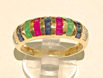 9ct Gold Gemstone Bands Ring with Diamonds