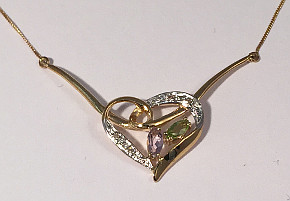 9ct Gold Heart Necklace set with Diamond, Amethyst and Peridot